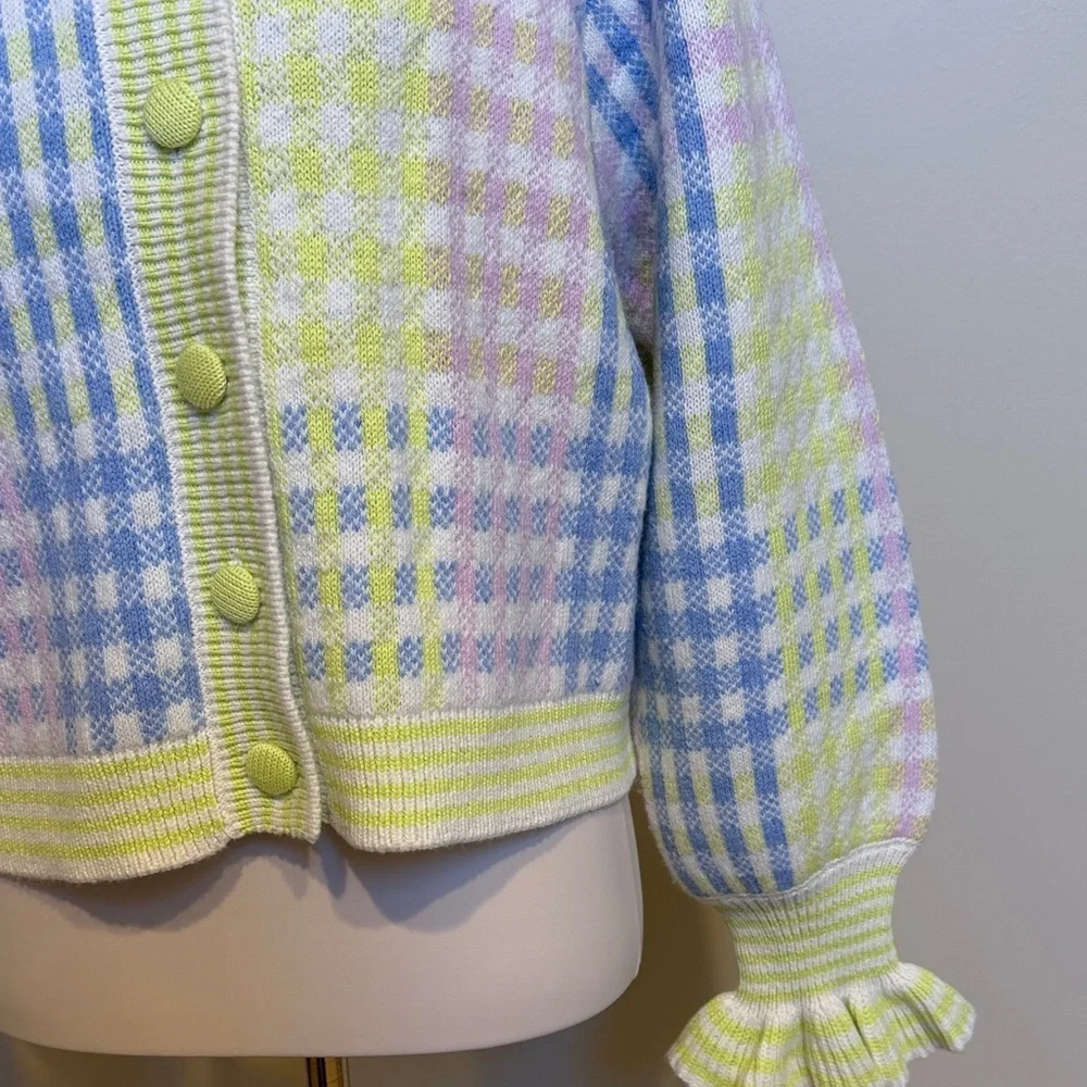 LoveShackFancy Pastel Gingham Knit Cardigan Ruffle Cuff Button Front Size M - Picture 4 of 6